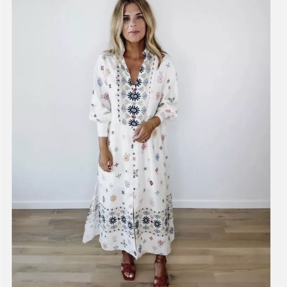 ZARA Oversized Linen Blend Floral Print MIDI  Kaftan Dress White Large - Picture 13 of 13